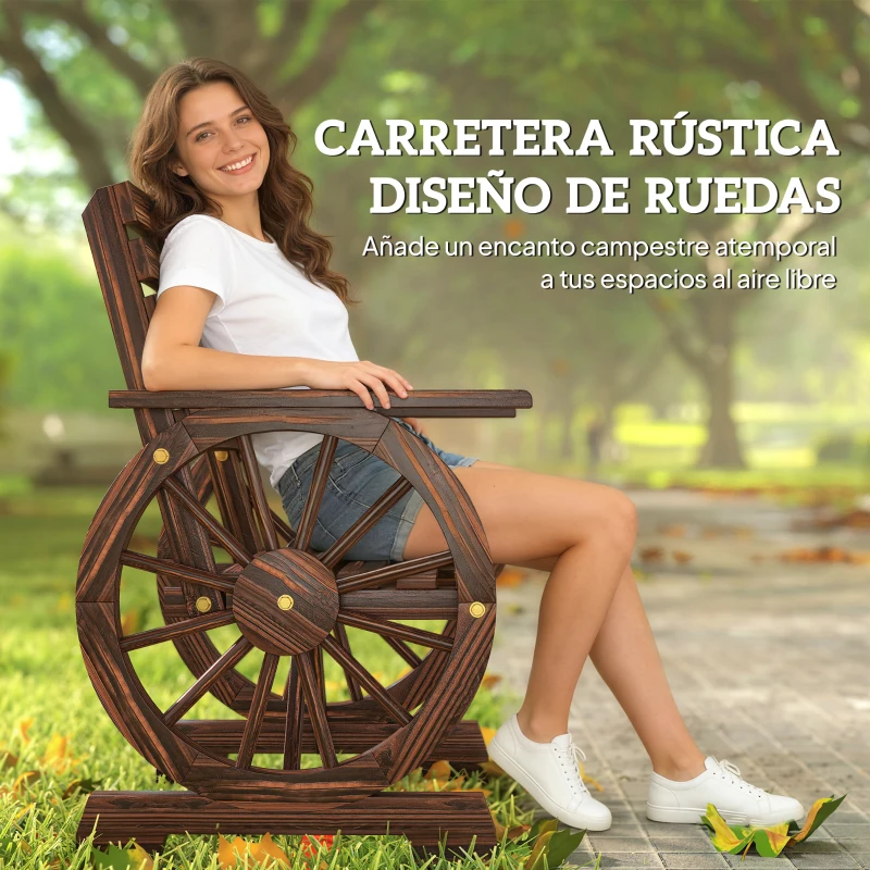 Outsunny Silla de Jardín de Madera con Brazos de Rueda de Carreta Asiento Ancho con Listones y Respaldo Inclinado Carbonizado
