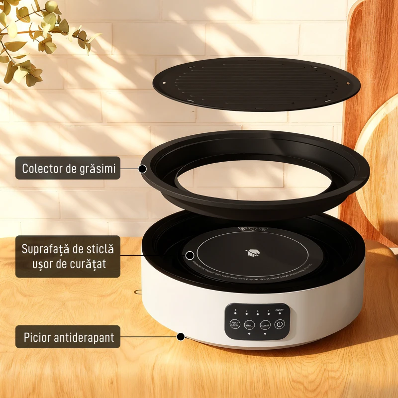 HOMCOM Plită Ceramică Electrică cu Plită de Grătar, Multifuncțională 36cm cu 4 Niveluri de Căldură pentru Toate Tipurile de Oale