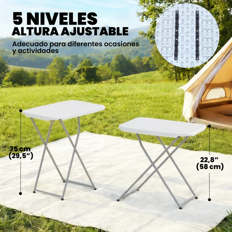 Outsunny Mesa Plegable Camping Portátil con Altura Ajustable en 5 Niveles Encimera de HDPE y Marco Metálico 75x50x73,5 cm Blanco