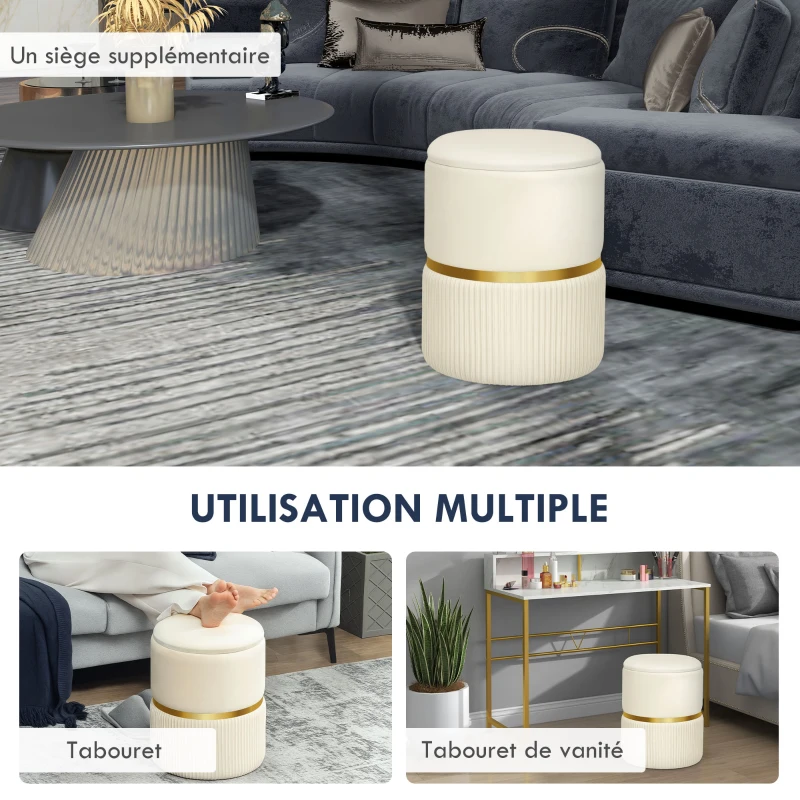 HOMCOM Pouf tabouret repose-pied coffre de rangement en velours côtelé 36 x 36 x 44 cm pour salon chambre beige