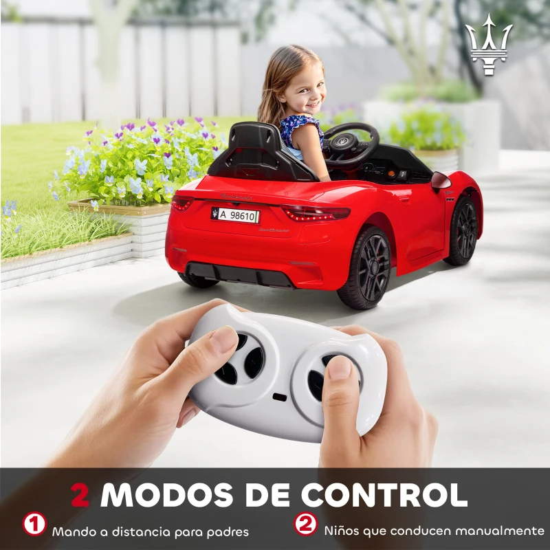 AIYAPLAY Coche Eléctrico Infantil Maserati Gran Turismo Folgore con Batería 12V Mando a Distancia Faros Bocina y Música MP3 Rojo