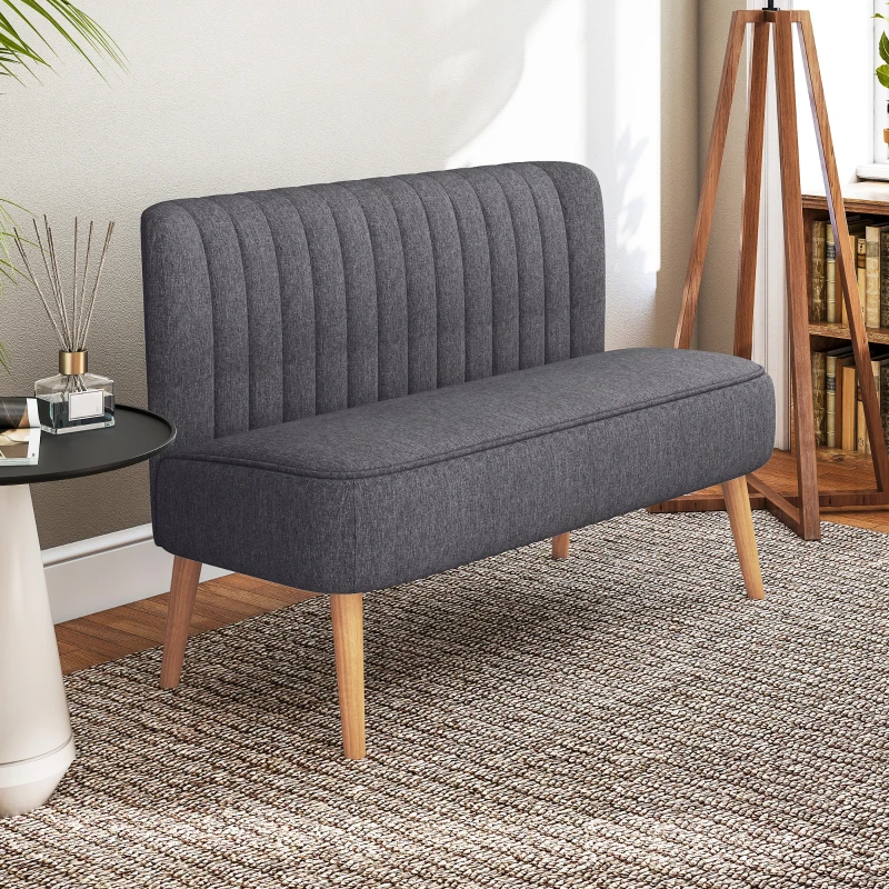 HOMCOM Canapea 2 Locuri din Material Textil fără Brațe cu Cusături, Canapea Compactă Modernă cu Picioare din Lemn de Cauciuc pentru Living, 117x56.5x77 cm, Gri Închis