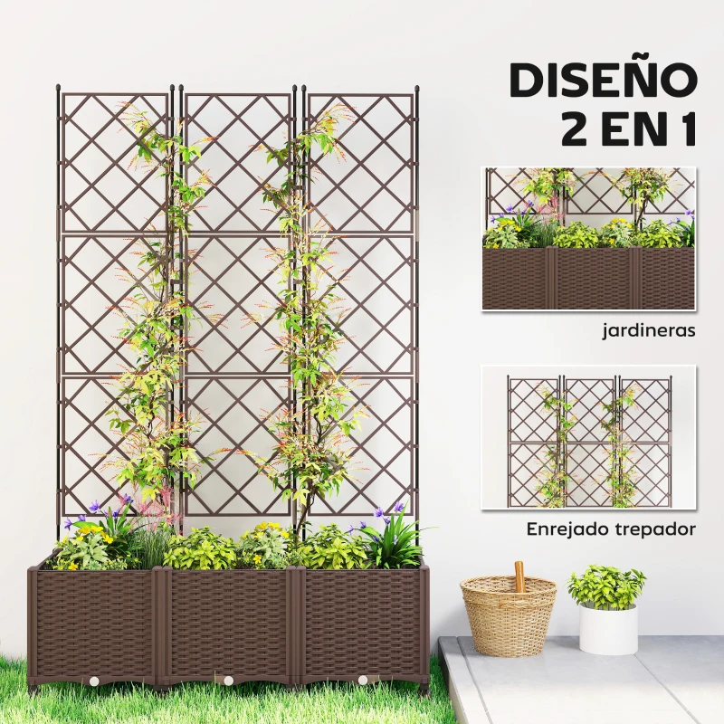 Outsunny Jardinera con Enrejado y Ruedas con Drenaje para Cultivos Verduras Flores Hierbas 120x40x192 cm Marrón