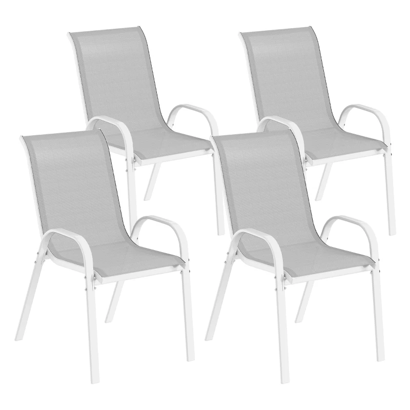 Outsunny Lot de 4 chaises de jardin, chaises empilables, dossier haut incliné, tissu en maille respirante, cadre en acier, gris