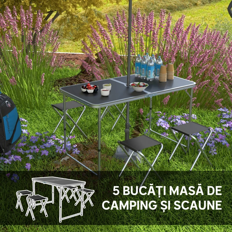 Outsunny Set Masă de Camping Pliabilă cu 4 Scaune, Masă de Picnic Reglabilă pe Înălțime, 4 Bănci și Orificiu pentru Umbrelă, din Aluminiu, pentru Picnic, Mare, Grădină, Negru