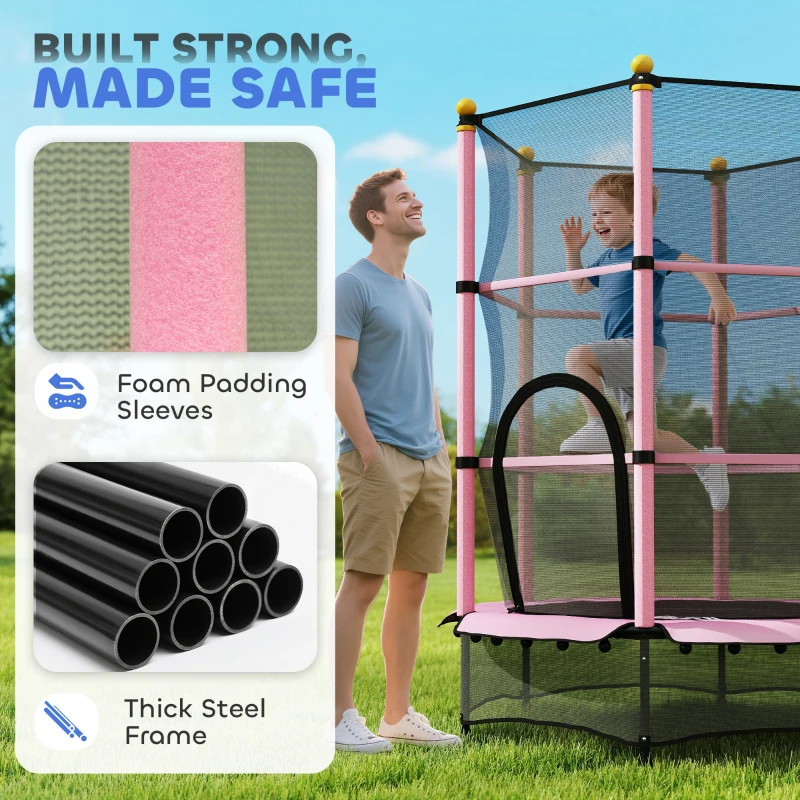 HOMCOM 4.6FT/55" Kids Trampoline with Enclosure Net, Outdoor Indoor Use, for Ages 3-10 Years, Pink