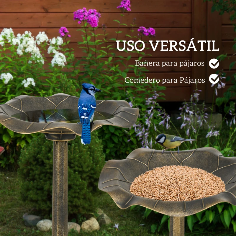 Outsunny Baño para Pájaros de Jardín Exterior 71 cm con Diseño Hoja de Loto y Acabado Envejecido Ligero y Resistente Bronce