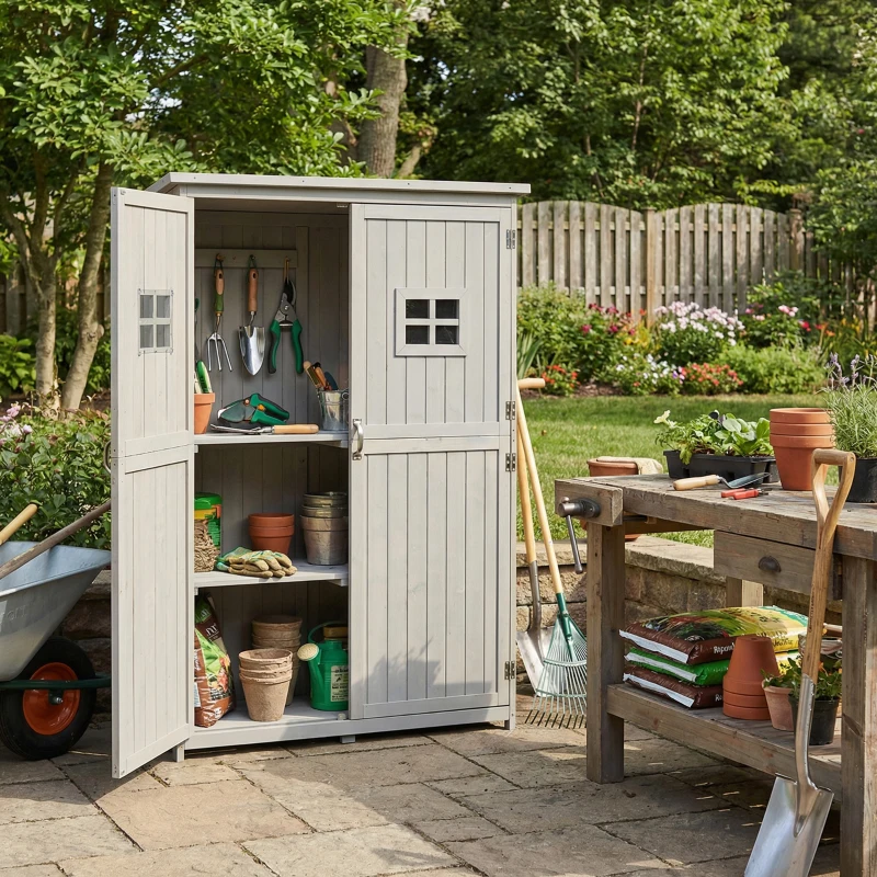 Outsunny Wooden Garden Shed with Two Windows, Tool Storage Cabinet, Outdoor Double Door Organizer 127.5L x 50W x 164H cm, Grey