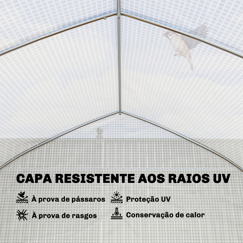 Outsunny Estufa Tipo Túnel 6x3x2 m com Anti-UV e Porta de Enrolar com Fecho de Correr Paredes Laterais com Rede Branco