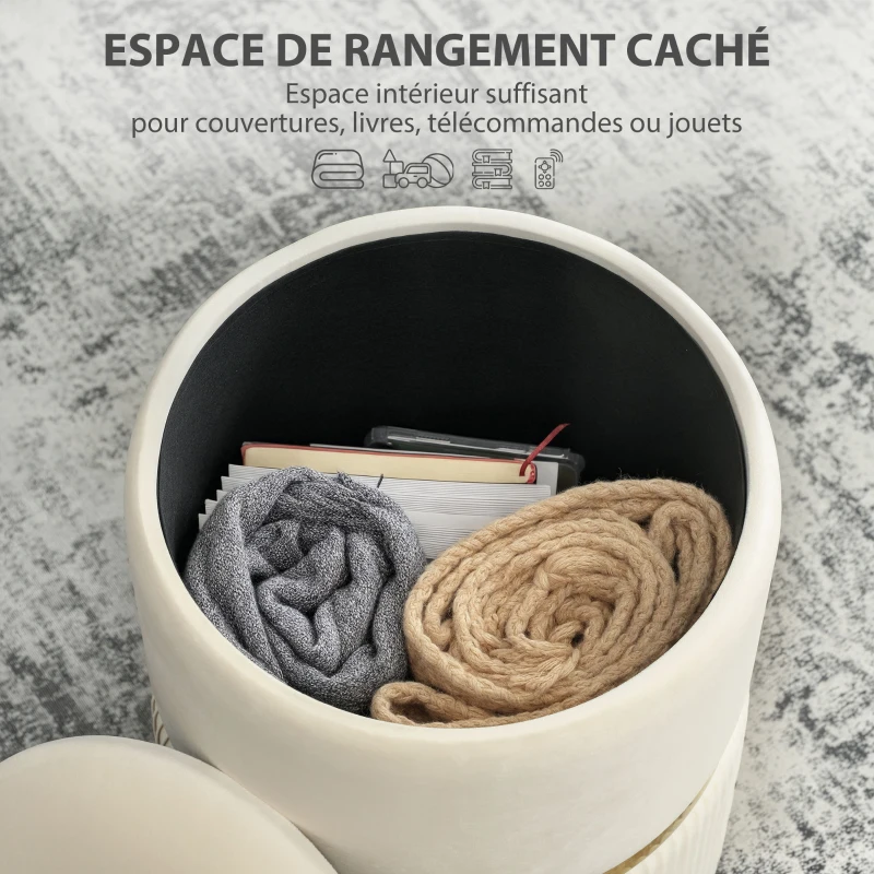 HOMCOM Pouf tabouret repose-pied coffre de rangement en velours côtelé 36 x 36 x 44 cm pour salon chambre beige