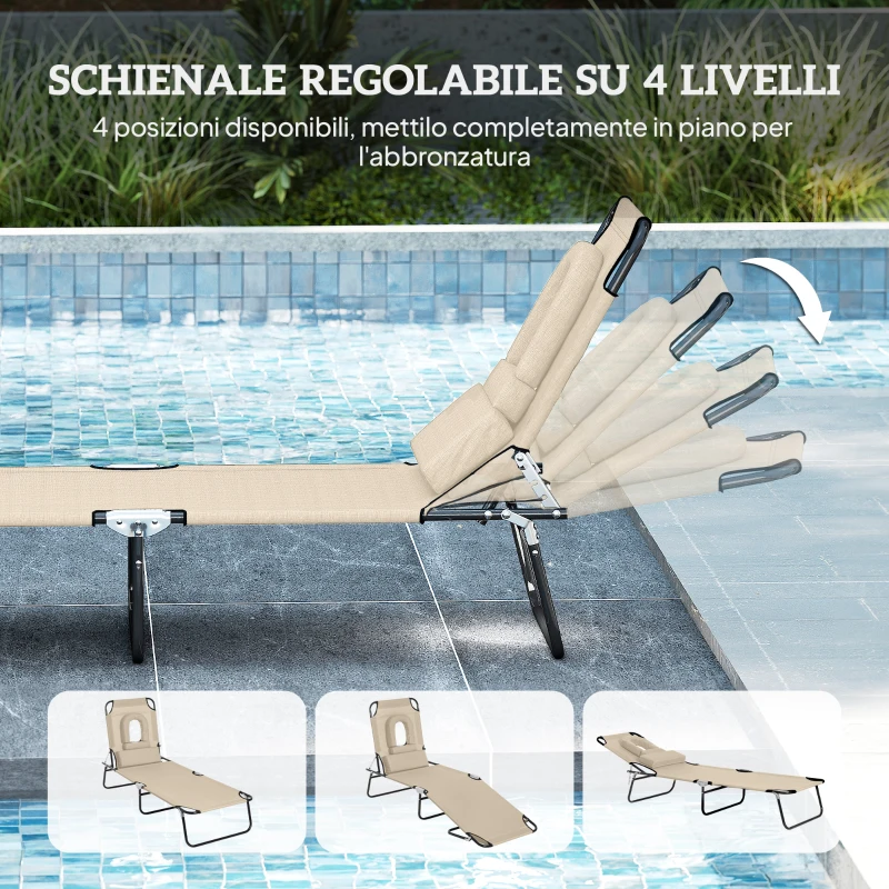 Outsunny Lettino Prendisole Pieghevole con Foro per il Viso Imbottito e Schienale Reclinabile, Beige