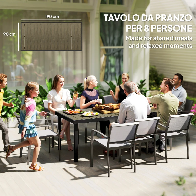 Outsunny Tavolo da Pranzo da Giardino per 8 Persone in Alluminio e Plastica, Legno Scuro e Nero
