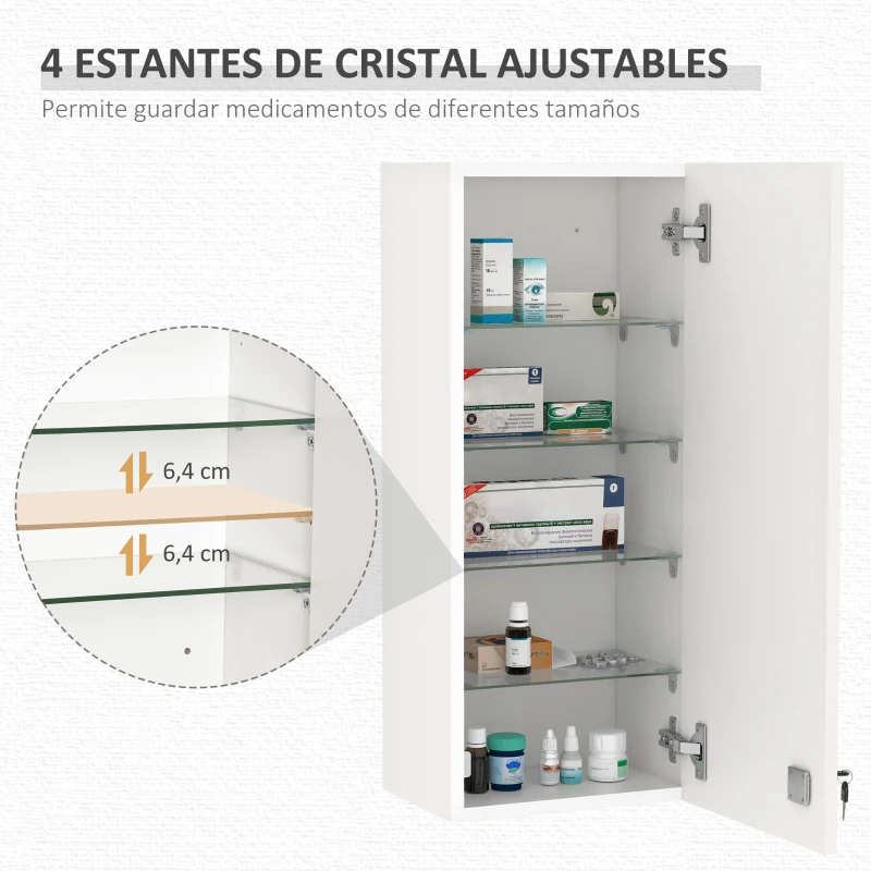 kleankin Botiquín de Pared de Primeros Auxilios 5 Niveles con Estantes Ajustables de Vidrio Cerradura Llaves 30x20x70 cm Blanco