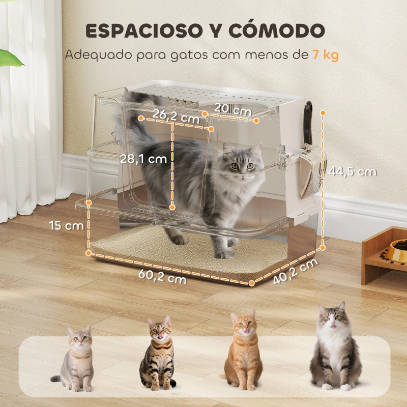 PawHut Arenero para Gatos de Acero Inoxidable XL con Tapa Abatible Laterales Altos Pala Fácil de Limpiar Antifugas Gris Claro