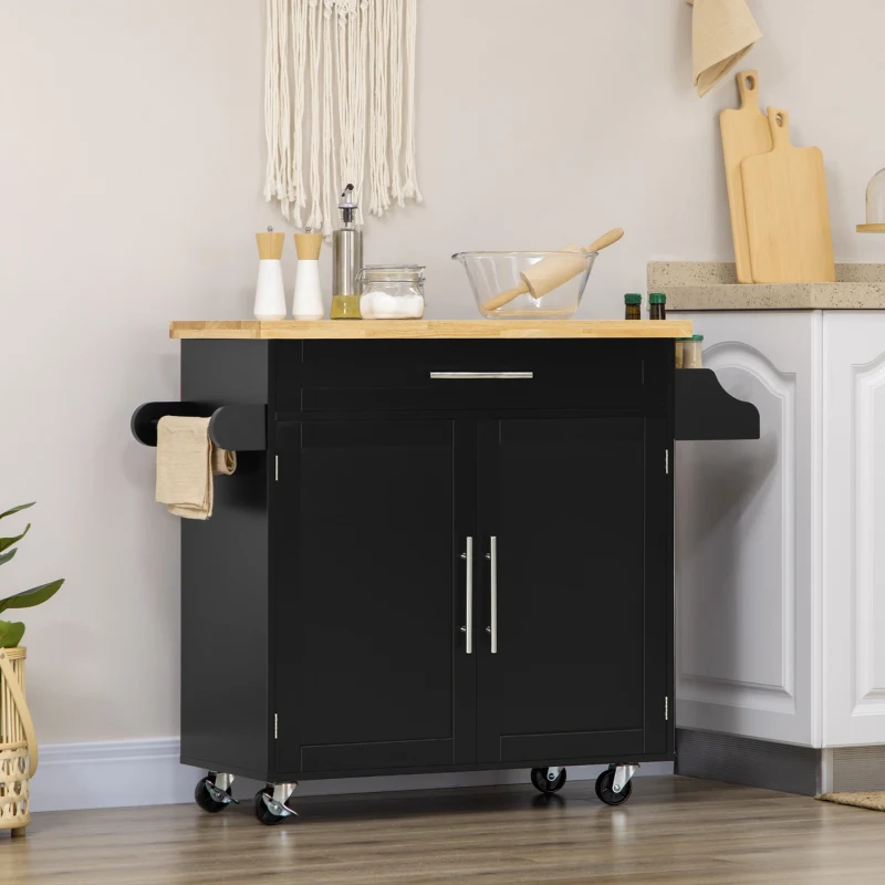 HOMCOM Carrito de Cocina con Armario con Puertas y Estante Interior Ajustable Cajón Barra y Especiero Móvil Aparador Auxiliar con Ruedas para Comedor 109x40x89 cm Negro