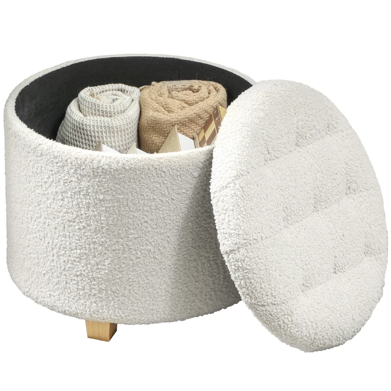 HOMCOM Pouf coffre rangement, tabouret rond, pouf repose-pieds en tissu bouclette, charge 120 Kg, Ø 45 x 41 cm, blanc
