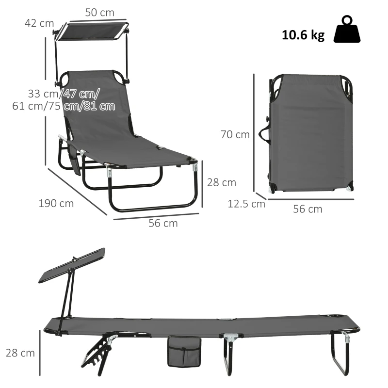 Outsunny Set of Two Folding Sun Loungers, with Adjustable Backs and Sun Canopies - Grey