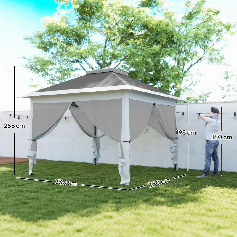 Outsunny Carpa Plegable 3,3x3,3 m Pop-up Altura Ajustable Doble Techo Mosquiteras Extraíbles y Bolsa de Transporte Anti-UV Gris