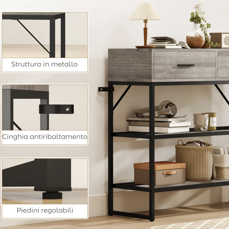 HOMCOM Consolle da Ingresso con 2 Cassetti, 2 Ripiani e Gancio Laterale, in Legno e Metallo, 100x35x92 cm, Nero e Legno