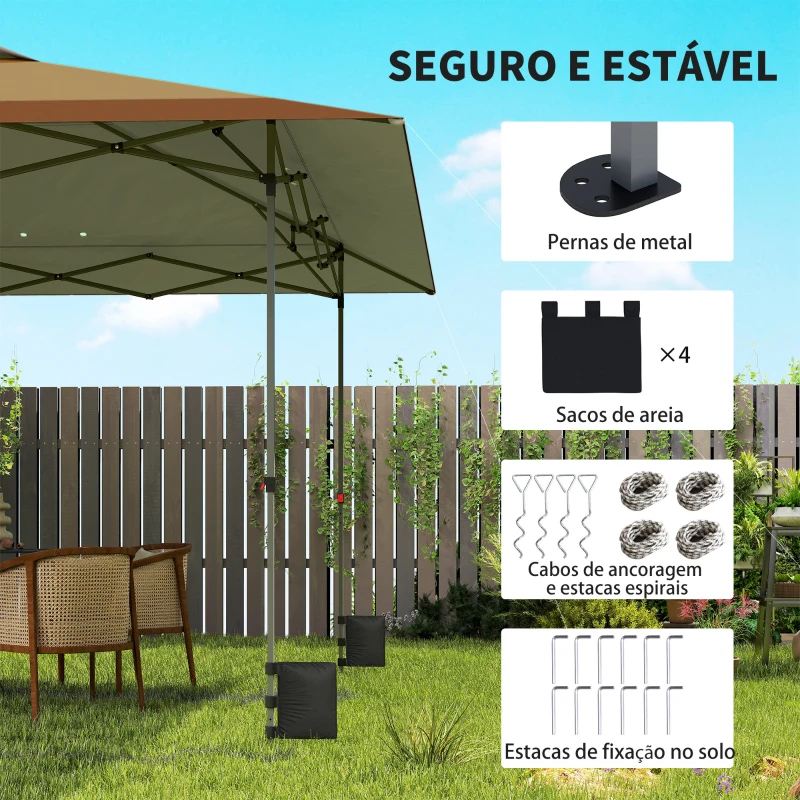 Outsunny Tenda Dobrável Pop-up 4x4 m com Bloqueio Central UPF50+ Altura Ajustável Sacos de Areia e Bolsa com Rodas Bege e Castanho