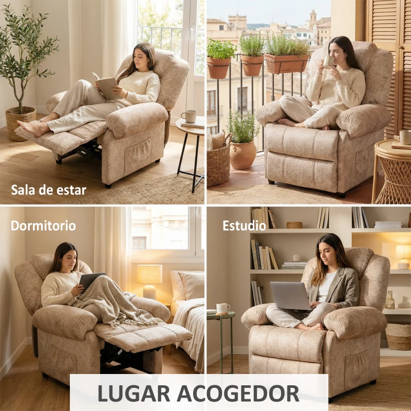 HOMCOM Sillón Relax Reclinable Manual, Sillón Relax de Terciopelo con Reposabrazos, Reposapiés, Acolchado Grueso, Butaca Reclinable hasta 135º para Salón, Dormitorio, Oficina, Beige