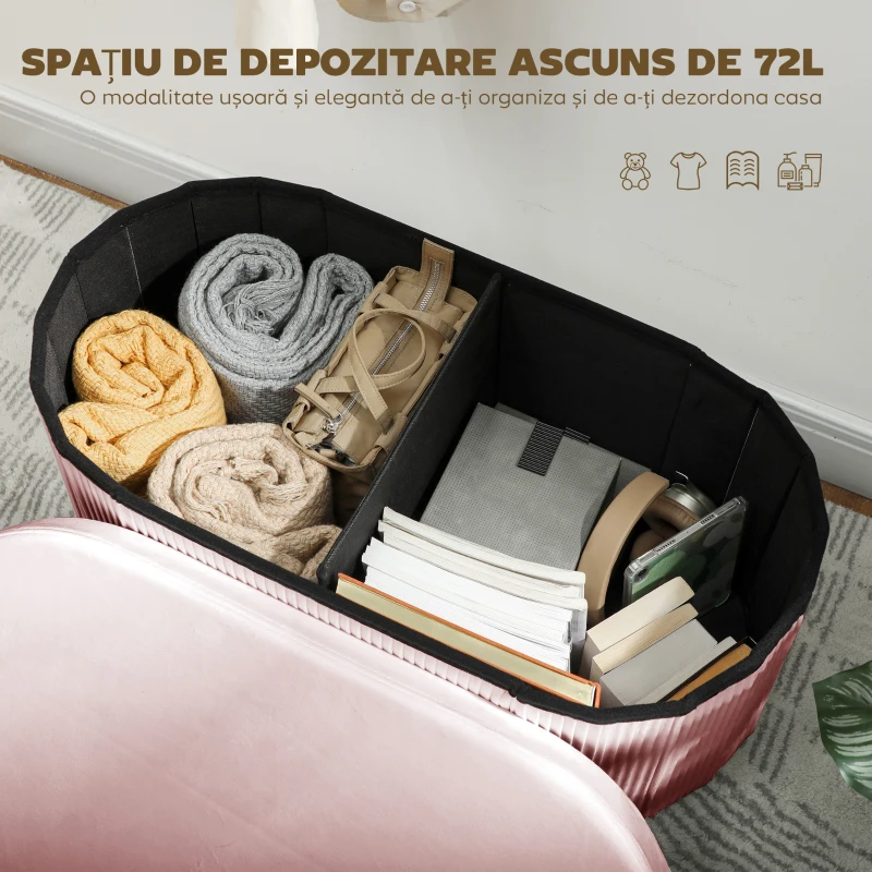 HOMCOM Pouf pliabil cu spațiu de depozitare modern, tapițat cu catifea, 72L, pentru living și dormitor, 76x38x35 cm, Roz