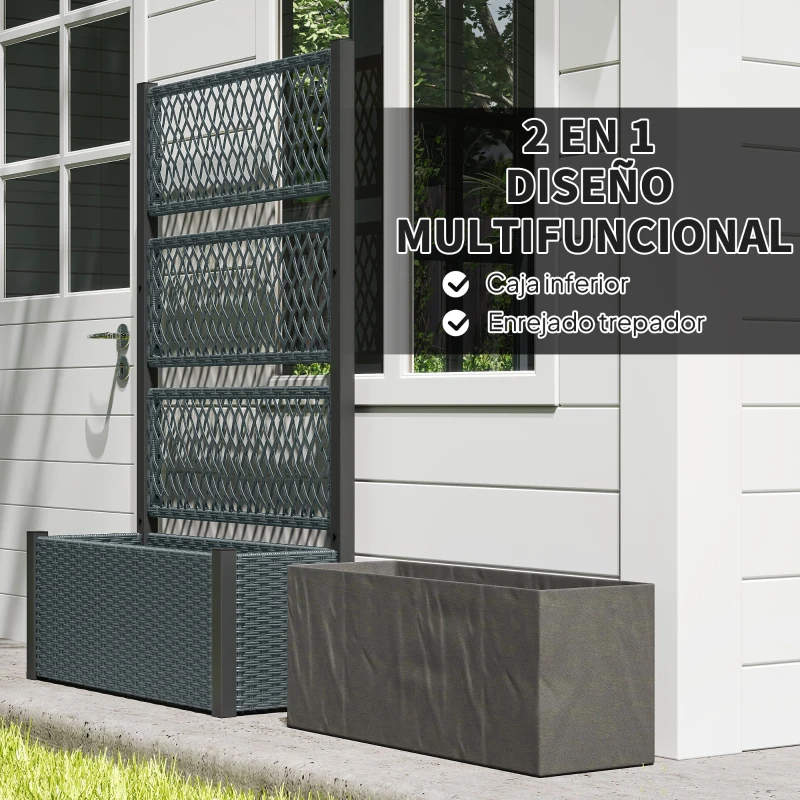 Outsunny Jardinera con Enrejado de Ratán Jardinera Exterior Grande para Plantas Trepadoras Maceta con Forro Gris Oscuro
