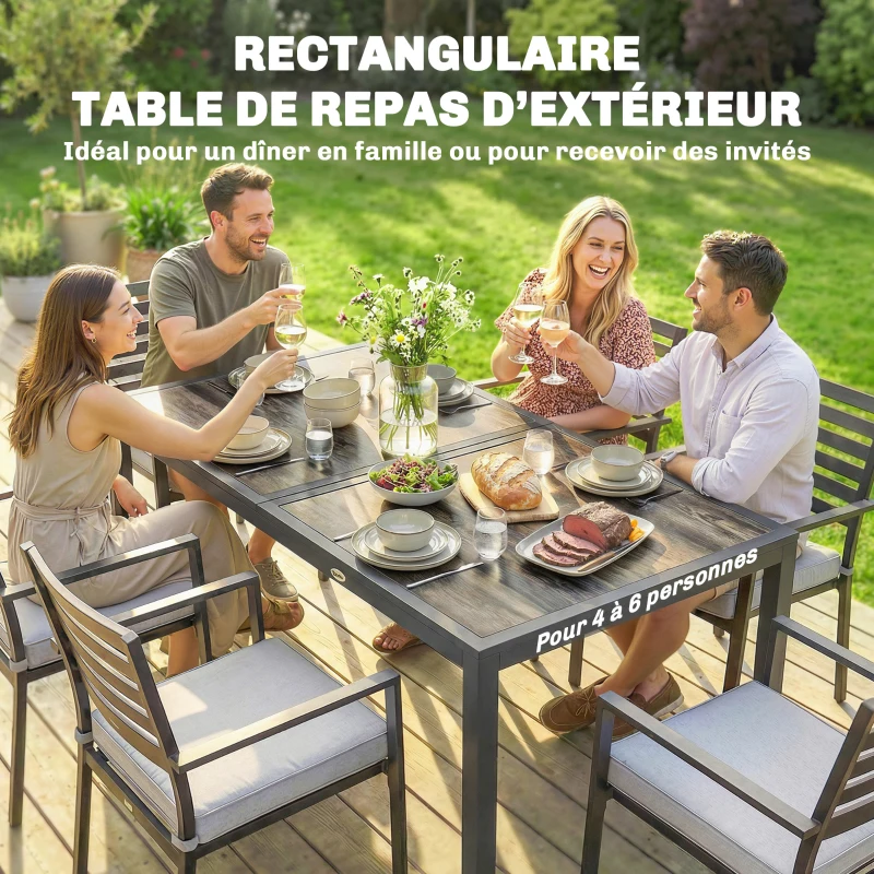 Outsunny Table de jardin pour 4 à 6 personnes, table à manger extérieure avec plateau à effet bois, 140 x 80 x 72 cm, gris foncé