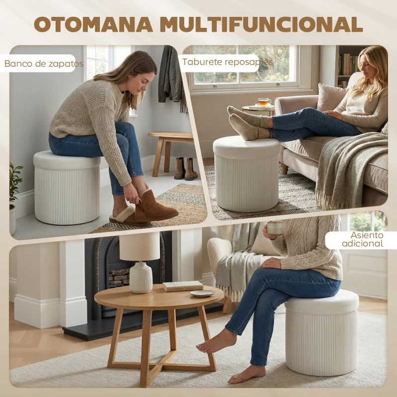 HOMCOM Puff Almacenaje Banco Almacenaje Plegable 35 L 38x38x38 cm Tapizado en Terciopelo Baúl de Almacenamiento Redondo Crema