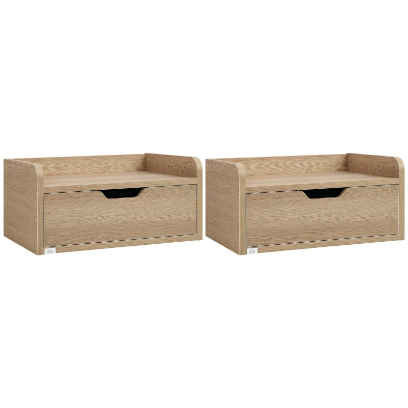 HOMCOM Set de 2 Mesitas de Noche de Pared Mesillas Flotantes con 1 Cajón para Dormitorio Habitación 40x30x19,5 cm Natural