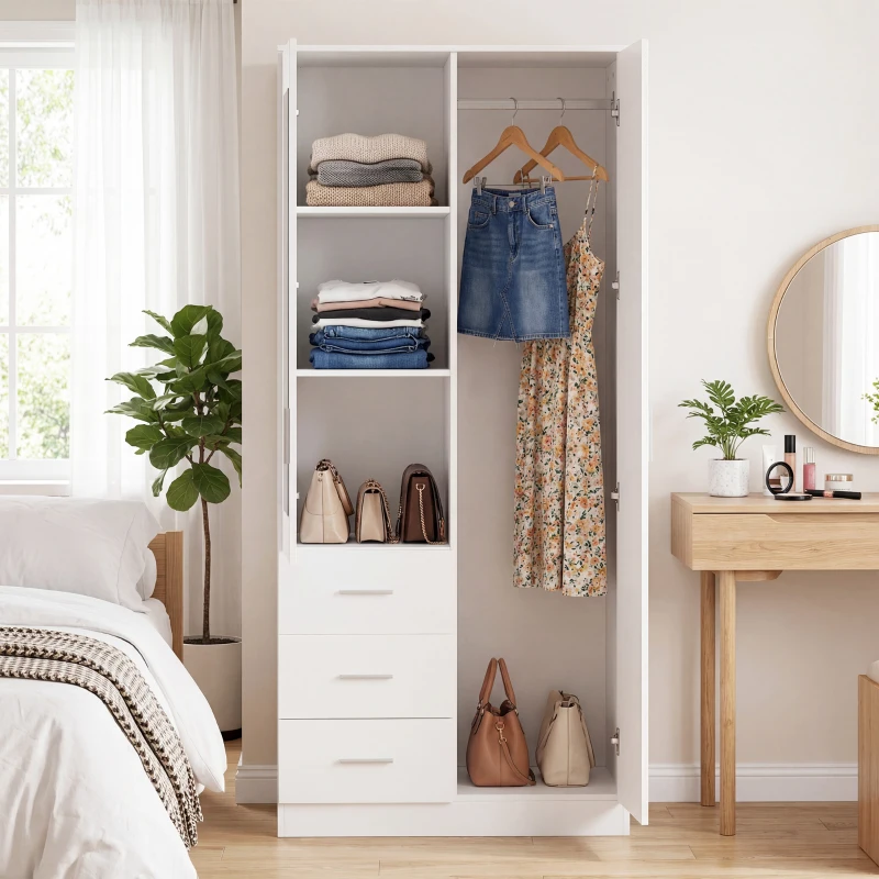 HOMCOM Armario Ropero de 2 Puertas con Espejo 3 Cajones Estantes Ajustables y Barra para Colgar Incluida 80x50x180 cm Blanco