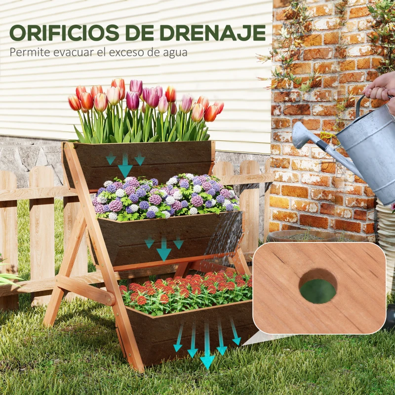 Outsunny Jardinera de Madera de 3 Niveles Jardinera Elevada Exterior con Orificios de Drenaje 65x75x76 cm Marrón