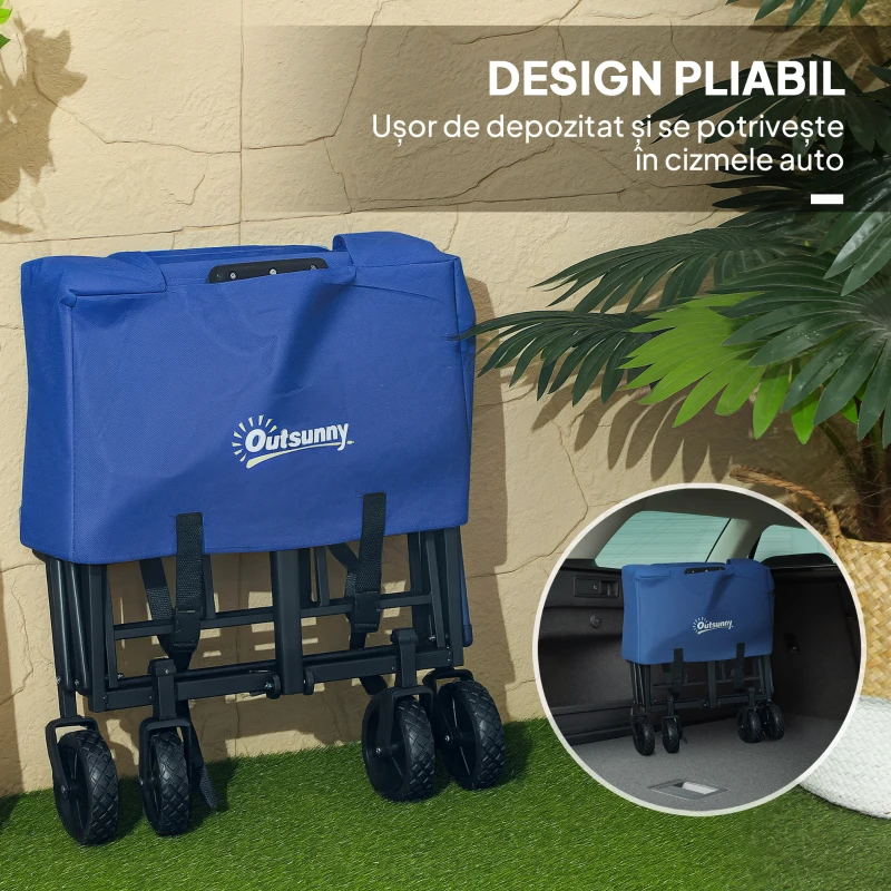 Outsunny Trolley de 62L pentru Festivaluri pe Roți, Cărucior de Grădină Pliabil, Wagon Compact cu Capacitate 120kg, Mâner Reglabil și Geantă pentru Plajă, Camping, Festivaluri, Albastru
