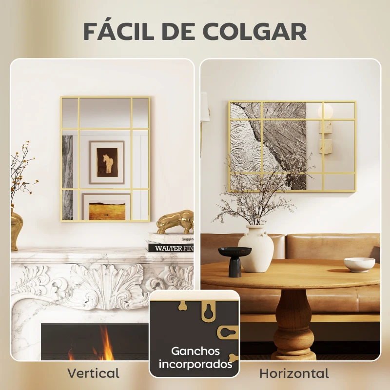 HOMCOM Espejo Rectangular de Pared Espejo de Ventana 70x50cm con Marco de Metal Espejo Decorativo para Salón Dormitorio Dorado