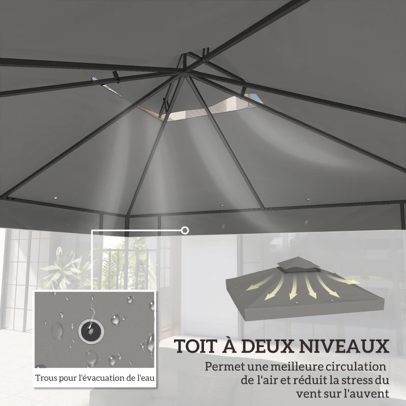 Outsunny Toile pour tonnelle 3 x 3 m toile de rechange pour tonnelle à 2 niveaux protection UPF30+ trous de drainage gris