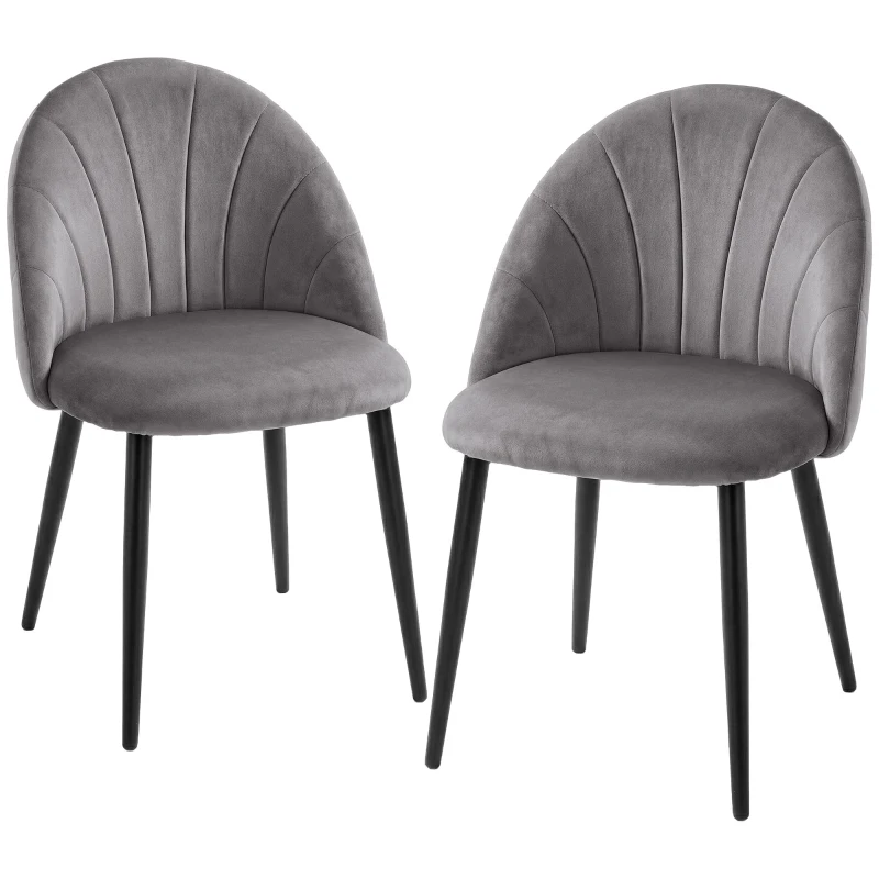 HOMCOM Set da 2 Sedie da Pranzo in Velluto Imbottite con Schienale a Conchiglia e Gambe in Metallo, Grigio