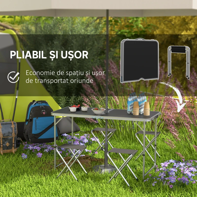 Outsunny Set Masă de Camping Pliabilă cu 4 Scaune, Masă de Picnic Reglabilă pe Înălțime, 4 Bănci și Orificiu pentru Umbrelă, din Aluminiu, pentru Picnic, Mare, Grădină, Negru