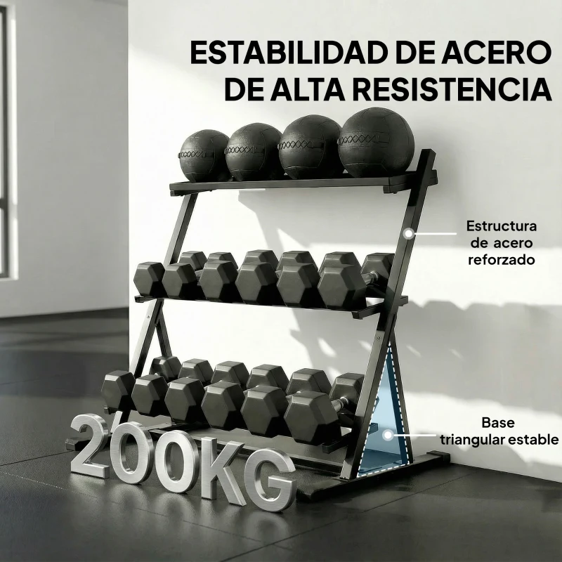 SPORTNOW Soporte para Mancuernas de 3 Niveles Estante de Pesas de Acero con Barras Ajustables para Gimnasio Casa Carga 200 kg