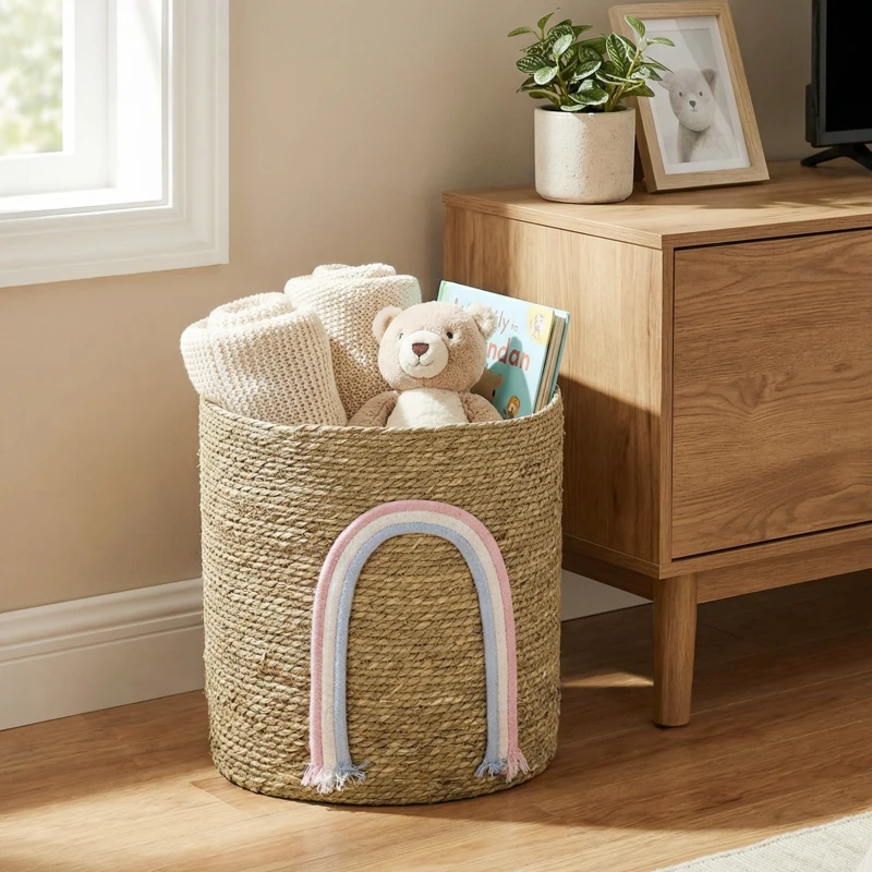 HOMCOM Panier de rangement 24,7 L avec décoration arc‑en‑ciel, grand panier tressé pour salle de bain, chambre, naturel
