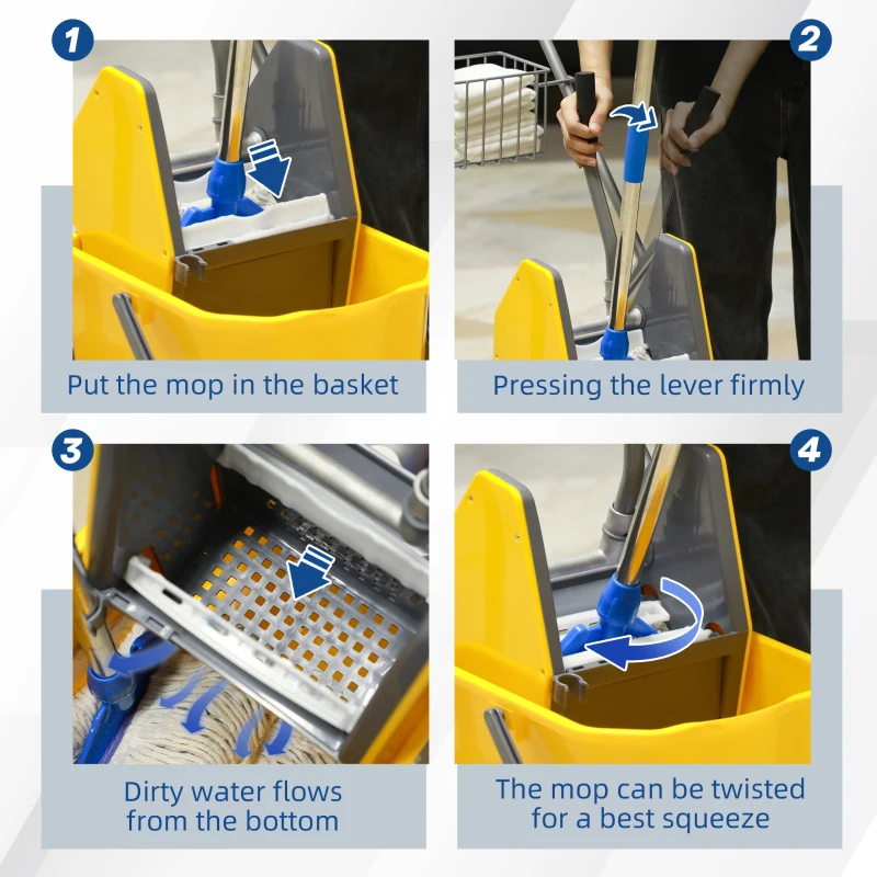 HOMCOM Wózek sprzątający, wózek na mopa, pojemność 25 L, 4 kółka, tworzywo sztuczne, żółty