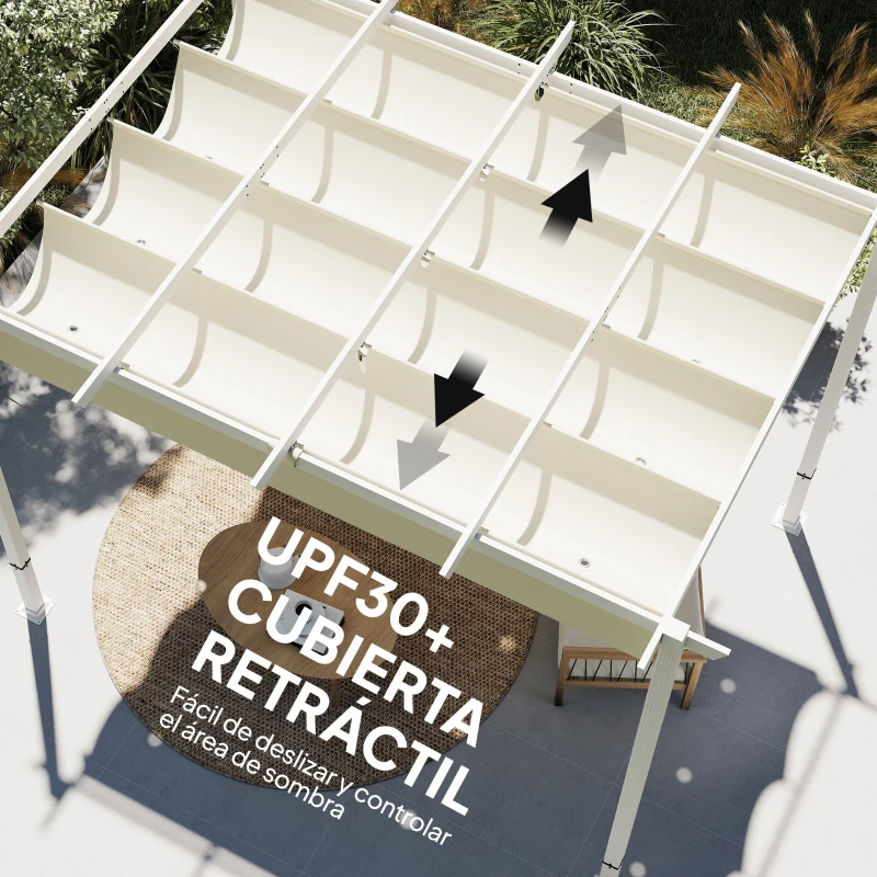 Outsunny Pérgola de Jardín 4x3 m con Techo Retráctil Protección UPF30+ Drenaje Cenador de Jardín para Patio Exterior Beige