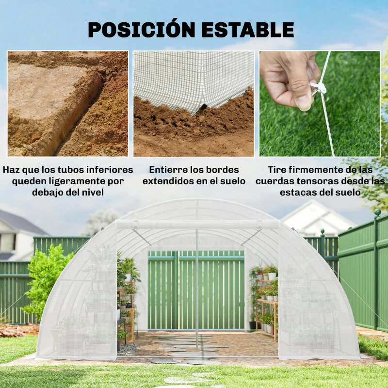 Outsunny Invernadero de Túnel con 2 Varillas de Soporte 2 Puertas Enrollables y Ventanas de Malla Cubierta de PE Anti-UV Blanco
