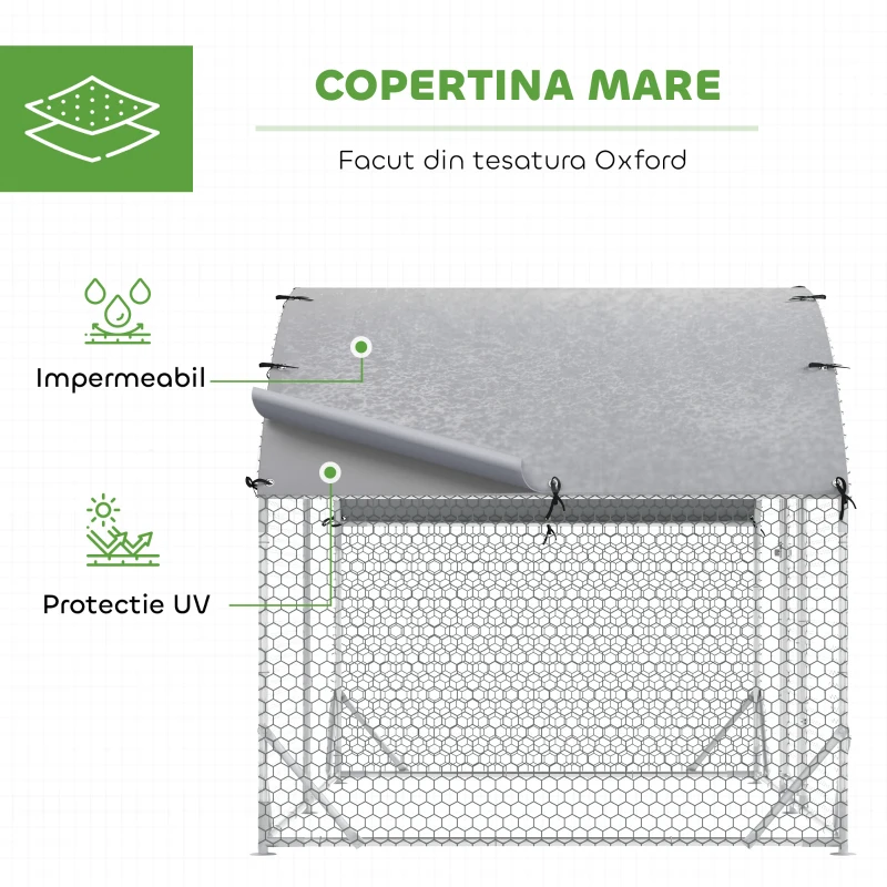 PawHut Coteț pentru Găini de Exterior, 2.8x2x2m Recinte din Oțel Zincat cu Acoperiș Impermeabil Anti-UV și Încuietoare, Cușcă pentru 4-6 Păsări, Iepuri și Rațe