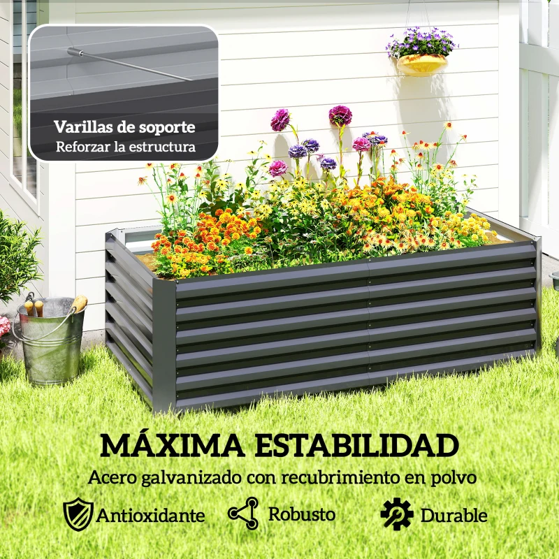 Outsunny Jardinera Exterior Grande Rectangular de Acero Galvanizado para Terraza con Base Abierta 180x90x57,5 cm Gris