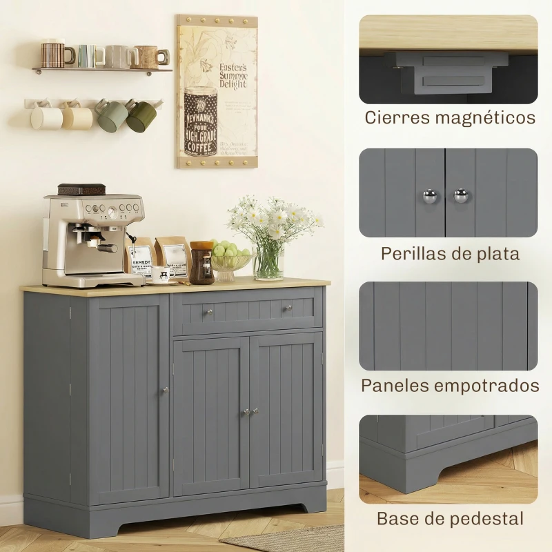 HOMCOM Aparador de Cocina Armario de Cocina con 3 Estantes de Puerta Cajón Estantes Ajustables para Comedor 105x40x83 cm Gris