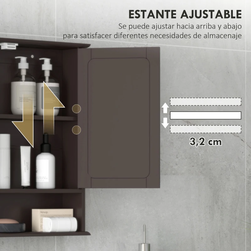 kleankin Armario de Baño con Espejo Armario de Pared con 2 Puertas Estante Abierto Estante Ajustable 56x13x58cm Marrón Oscuro