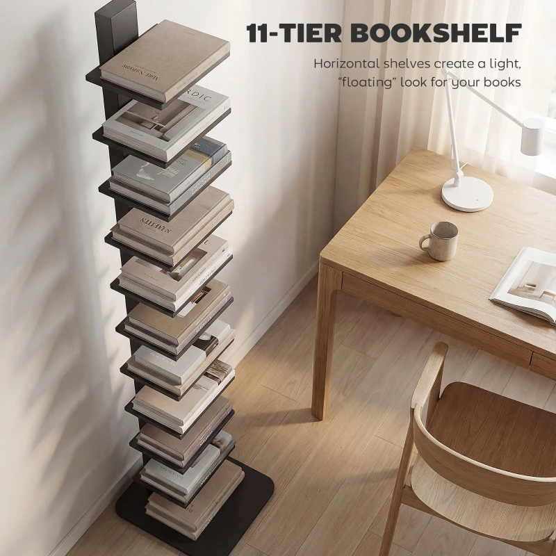 HOMCOM Bibliotecă Verticală înaltă cu 11 Rafturi, Bibliotecă Economisitoare de Spațiu Slim, Raft Industrial pentru Living, Dormitor, Birou, 34.5x41.5x163.5 cm, Negru