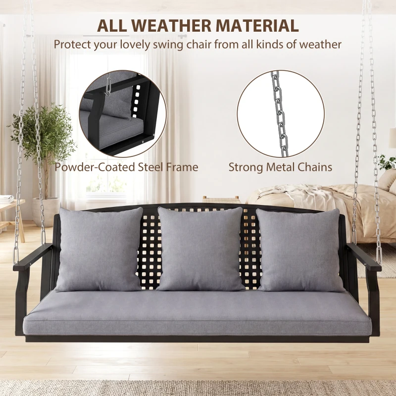 Outsunny Balancelle 3 places pour véranda, balancelle de jardin avec 3 coussins de dossier, coussin d'assise, dispositif de suspension, Gris