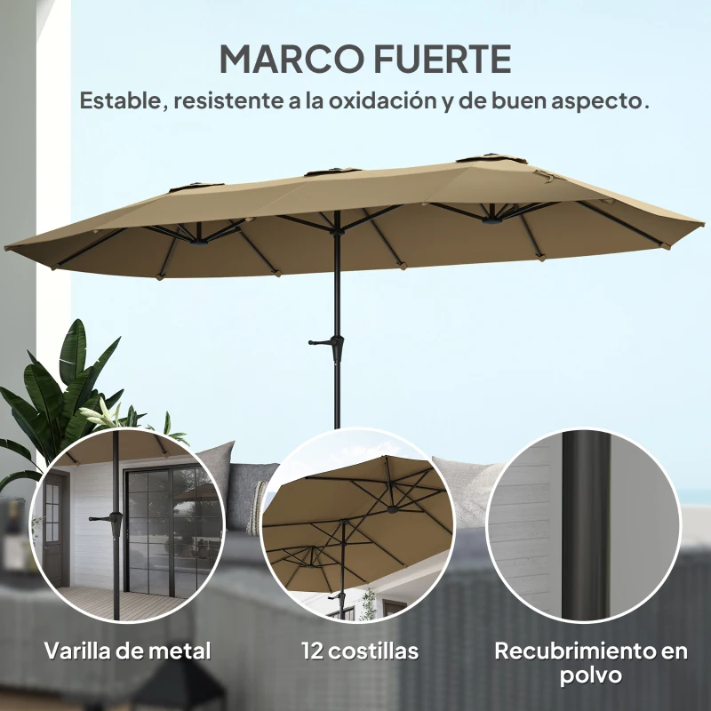 Outsunny Sombrilla Doble 4x2,2 m Sombrilla Terraza Exterior con Manivela Manual Impermeable y Protección UV30+ Café