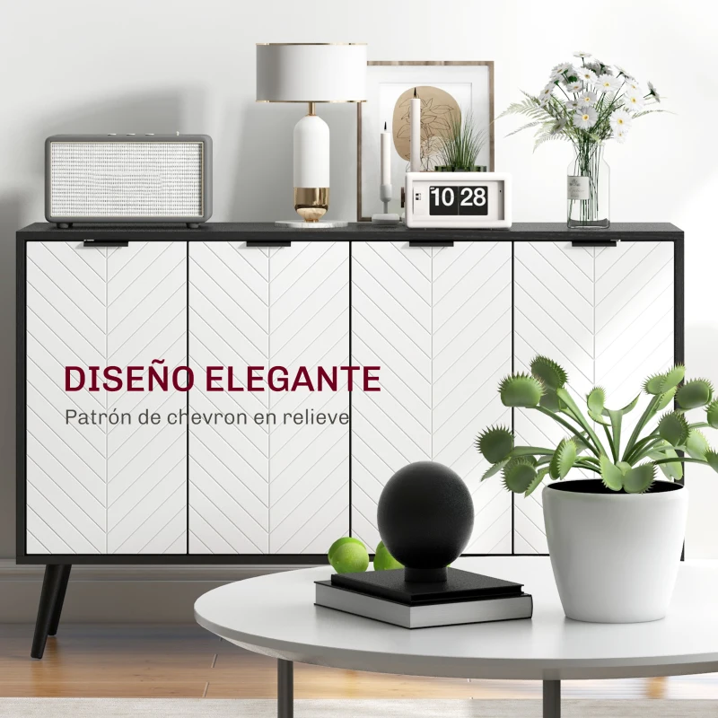 HOMCOM Aparador de 4 Puertas Aparador de Salón Estantes Ajustables Patas de Madera para Cocina Blanco y Negro 120x35x77,4 cm
